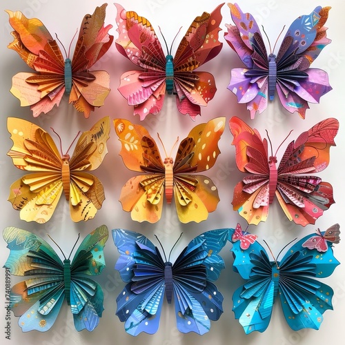 A collection of vibrant  handcrafted paper butterflies with intricate wing patterns displayed against a white backdrop.