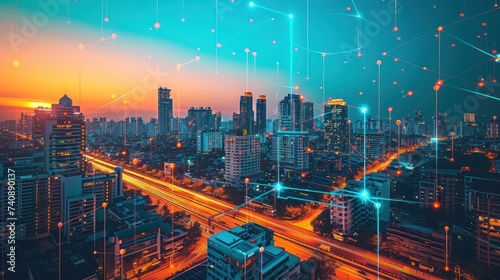 Smart City. global media link connecting on night city background, digital, internet, 5G communication, networking, smart city, business, partnership, network connection and technology concept
