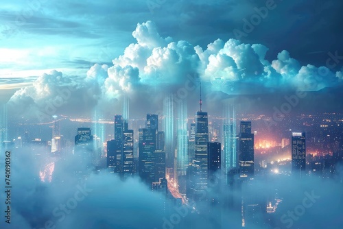 A view of a bustling urban metropolis enveloped by a thick blanket of clouds under the moonlit night sky, Futuristic cityscape with buildings symbolizing cloud storage data centers, AI Generated © Iftikhar alam