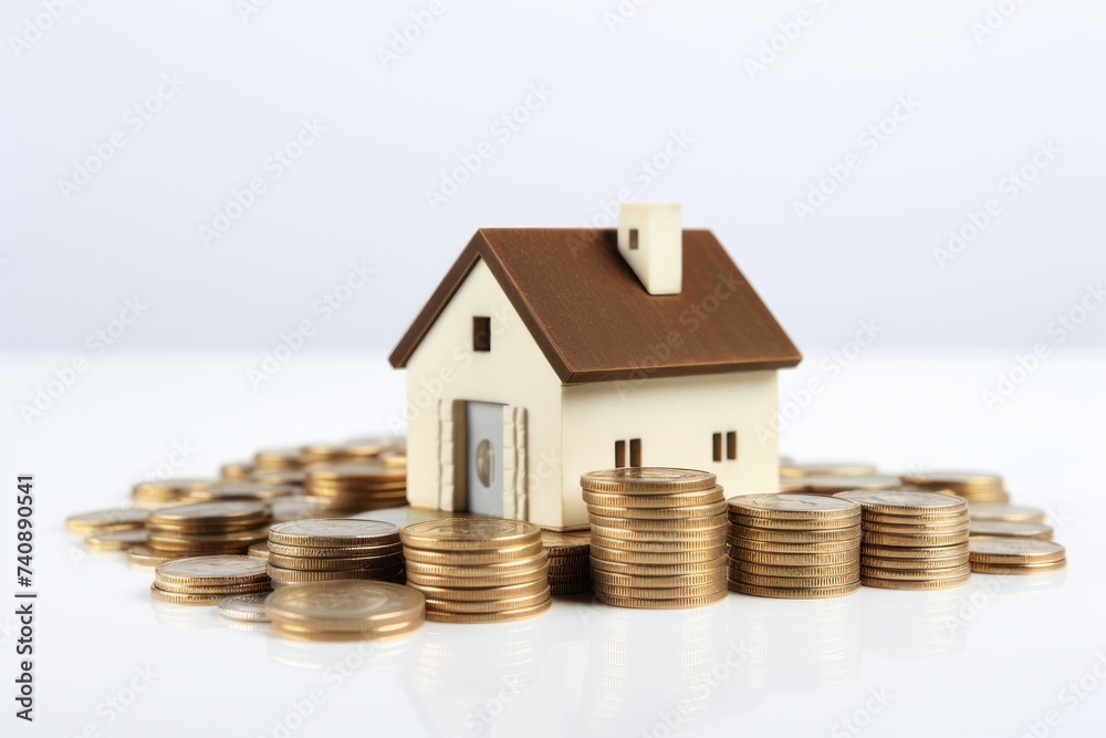Home lone. mini house model with stack coin on desk and white background, sell house, real estate agent, insurance, miniature, business finance, property and financial concept Home lone. mini house model with stack coin on desk and white background, sell house, real estate agent, insurance, miniature, business finance, property and financial concept