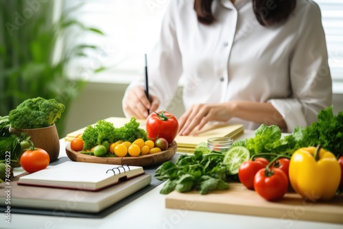 Diet for Good Health. fresh vegetable and fruit on desk with nutritionist female doctor working at office hospital, nutrition, diet plan, nutrition, food science, healthy food concept