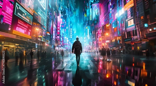 A man walling forward in a cyberpunk futuristic modern metropolis with neon lights and rainy weather 