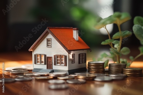 Home lone. mini house model with stack coin on desk in real estate office, sell house, real estate agent, insurance, miniature, business finance, property and financial concept
