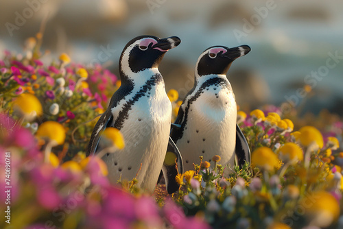 African penguins waddle, vibrant flora framing their coastal habitat. 