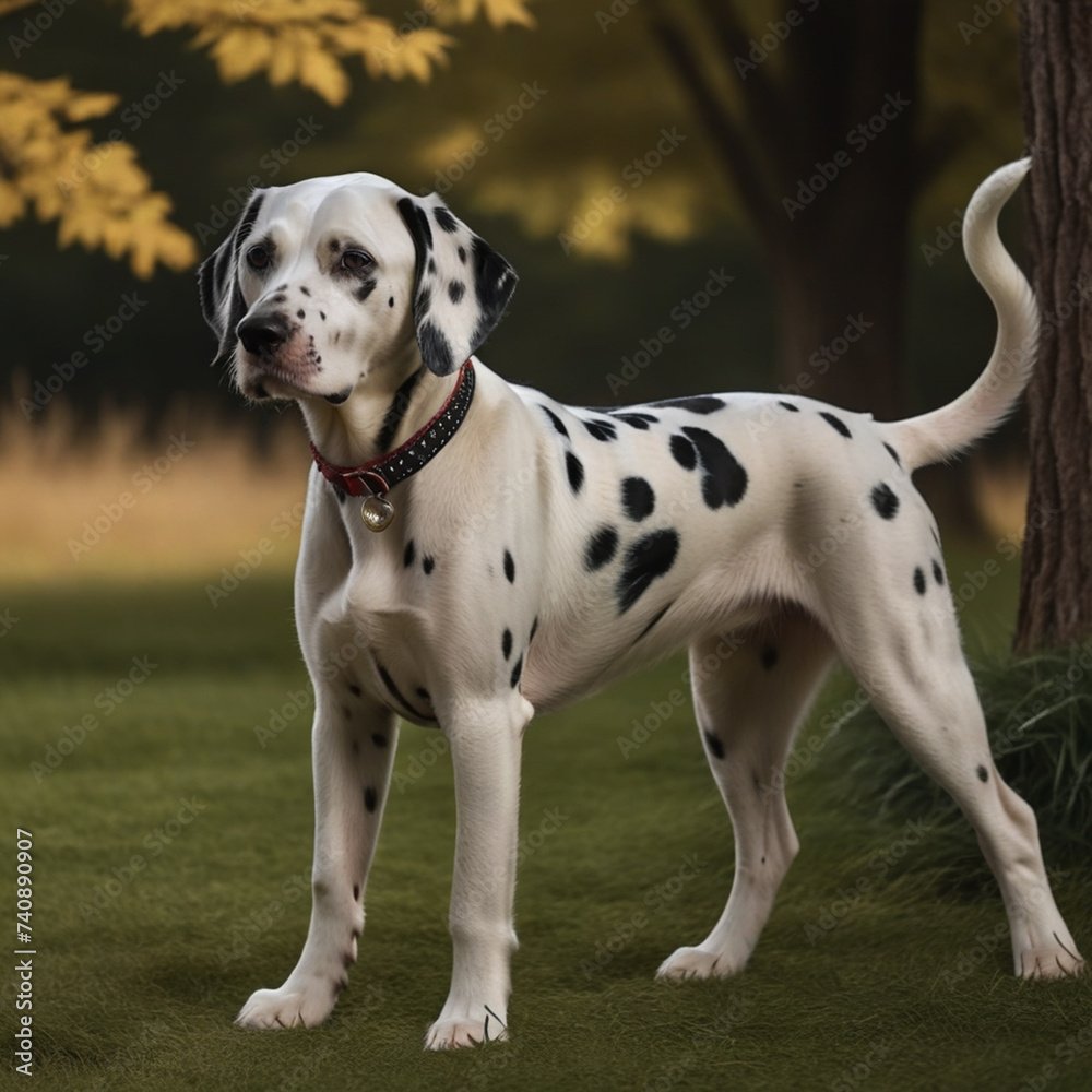 The Dalmatian dog poses with his whole body in nature