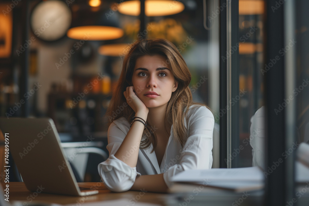 Sad woman sitting and thinking about problems at work, reflecting gender-related unemployment issues. Sad woman sitting and thinking about problems at work, reflecting gender-related unemployment issues.