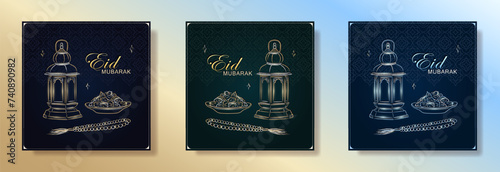 Ramadan Kareem greeting cards with hand drawn linear golden and silver Arabic lantern, Muslim rosary praying beads and dates in a bowl as a dish for Iftar. Dark green and blue posters for Eid Mubarak