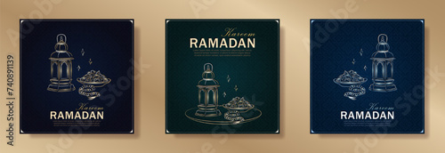 Set of Ramadan Kareem greeting cards with hand drawn linear golden and silver Arabic lantern, Muslim rosary praying beads and dates as a dish for Iftar. Dark green and blue posters for Eid Mubarak