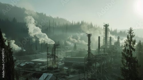 industrial landscape at sunset with multiple smokestacks emitting large amounts of smoke, highlighting environmental concerns related to air pollution. photo
