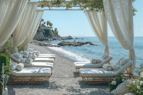 Oceanfront cabana with sheer curtains on sandy beach. Relaxation and retreat concept photo