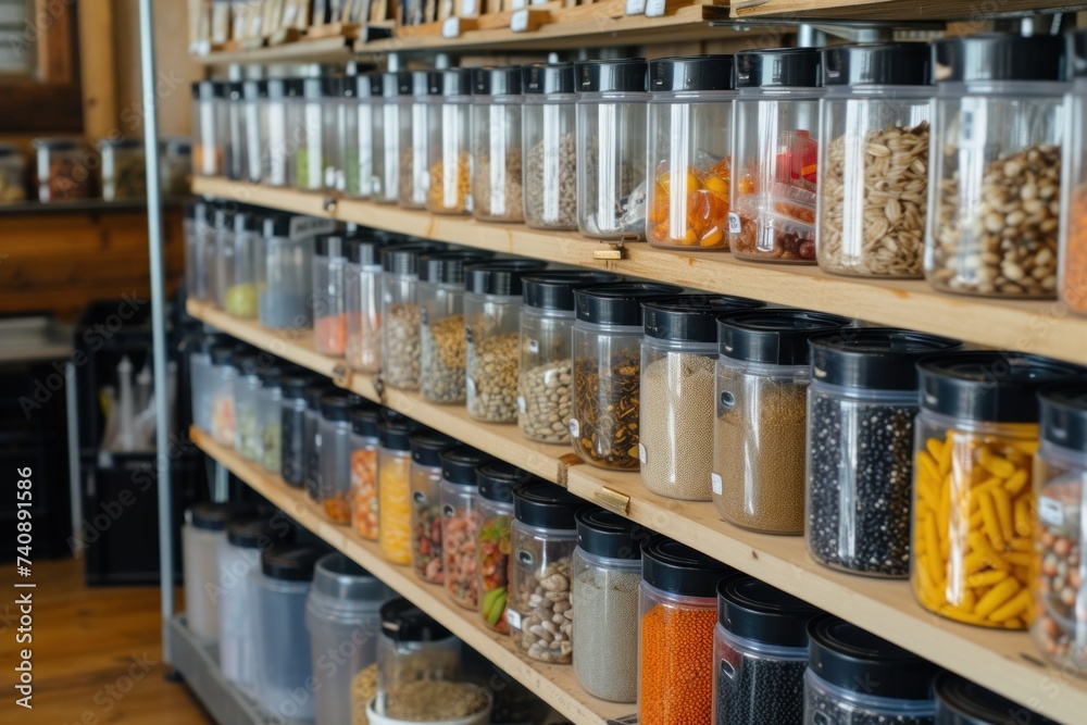 Bulk bins with various grains, pasta, and legumes in a zero waste grocery store.