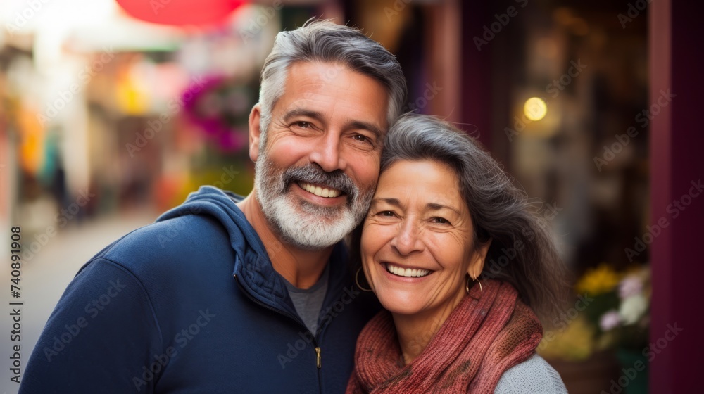 An older, middle-aged couple is happy, having fun and laughing outdoor