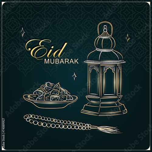Ramadan kareem greeting card with hand drawn linear golden Arabic lantern, Muslim rosary praying beads and dates in a bowl as dish for Iftar on dark green background. Eid Mubarak vector poster