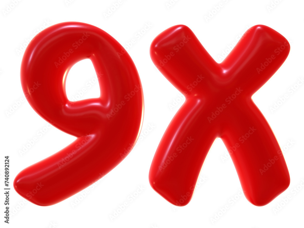 9x with red color isolated on transparent background. 3d number and letter icon for double and bonus concept 9x with red color isolated on transparent background. 3d number and letter icon for double and bonus concept