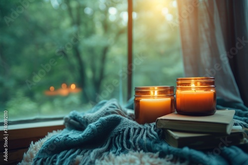 Cozy setting with aromatic candles burning in amber glass jars, accompanied by a soft blanket and a book.