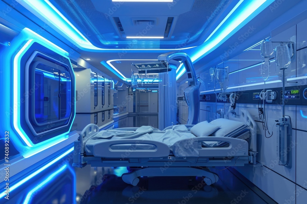 A hospital room featuring a patient bed and medical equipment, Futuristic hospital using biotechnological equipment, AI Generated A hospital room featuring a patient bed and medical equipment, Futuristic hospital using biotechnological equipment, AI Generated