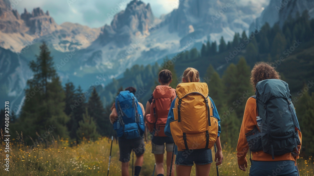A group of friends hiking together in the mountains