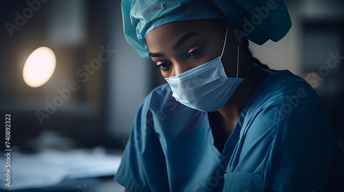 Tired exhausted female african scrub nurse wears face mask blue uniform gloves sits on hospital floor. Depressed sad black ethic doctor feels fatigue burnout stress, lack of sleep, napping at work