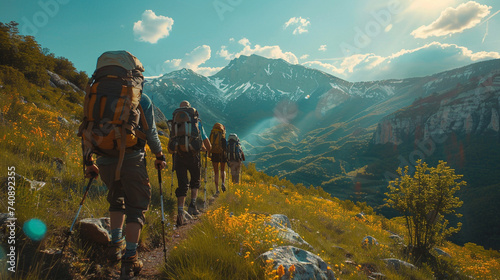 A group of friends hiking together in the mountains