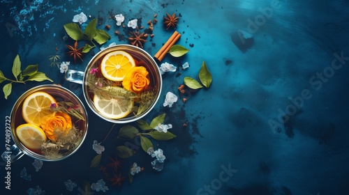 Two cups of healthy herbal tea with mint, cinnamon, dried rose and camomile flowers in spoons over blue background, top view photo