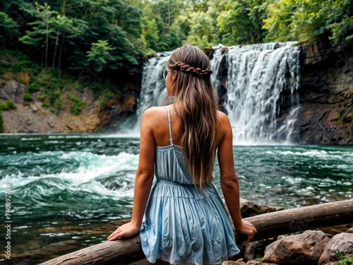 A young girl with long hair rests in nature near a beautiful waterfall