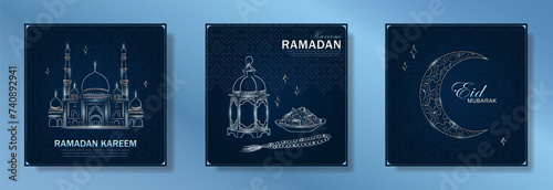 Set of dark blue Ramadan Kareem square greeting cards with hand drawn linear silver Mosque, crescent moon, Arabic lantern, dates, Muslim rosary praying beads. Template of Eid Mubarak outline banners
