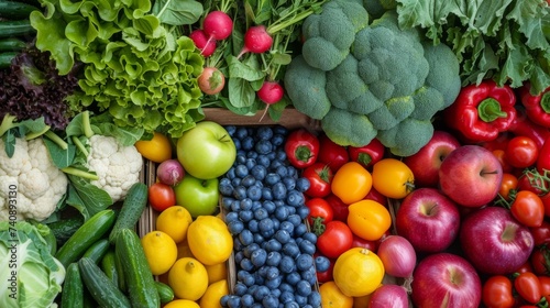 A vibrant farmer's market texture background, filled with fresh fruits, vegetables, and colorful produce, celebrating local agriculture and healthy eating. photo