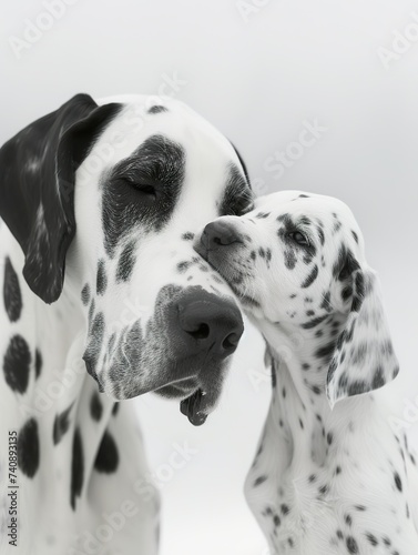 Great Dane Family in Tender Embrace ,Parent and Puppy Share Tender Moment in monochrome. © 9george