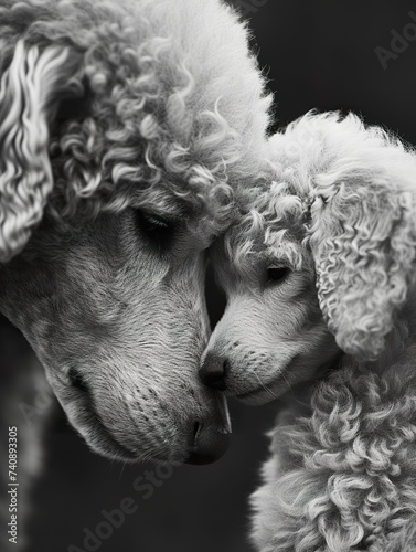Standard Poodle and Puppy Sharing a Moment  ,Parent and Puppy Share Tender Moment in monochrome
