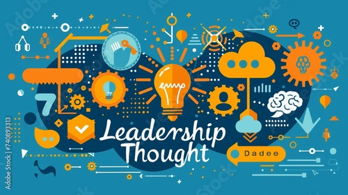 A minimalistic-style banner featuring "Leadership Thought" in blueprint text, accompanied by simple icons of a lightbulb, brain, and thinking bubble. leadership thought concept.