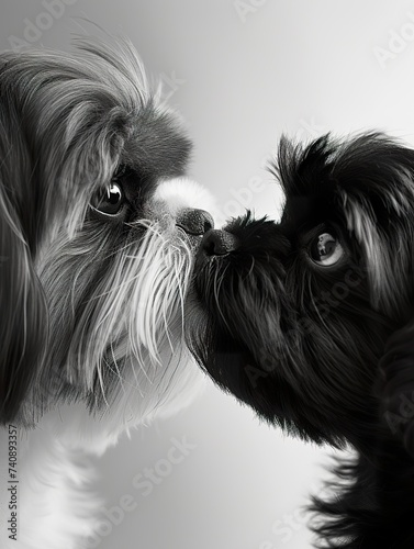 Shih Tzu Adult and Puppy Nose-to-Nose ,Parent and Puppy Share Tender Moment in monochrome.