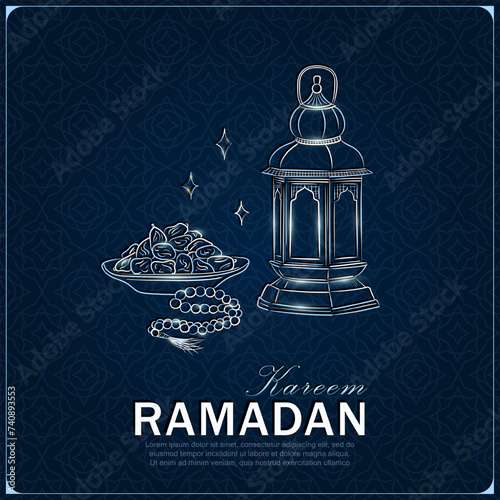 Ramadan Kareem greeting card with hand drawn linear silver Arabic lantern, Muslim rosary praying beads and dates in a bowl as a dish for Iftar. Dark blue poster with arabesque pattern for Eid Mubarak