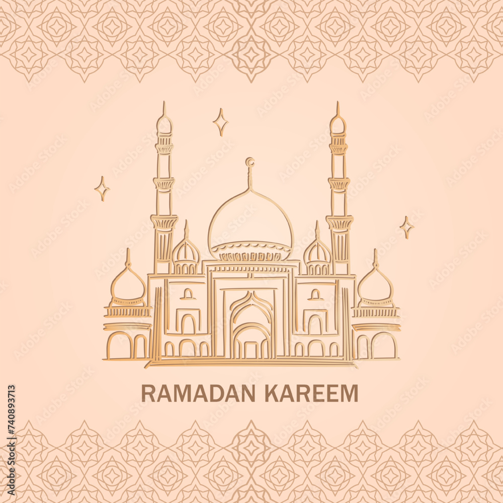 Eid Mubarak greeting card with hand drawn linear Mosque on beige background with Arabic pattern. Banner with golden outline Masjid as a place of worship for Muslims. Ramadan Kareem square poster
