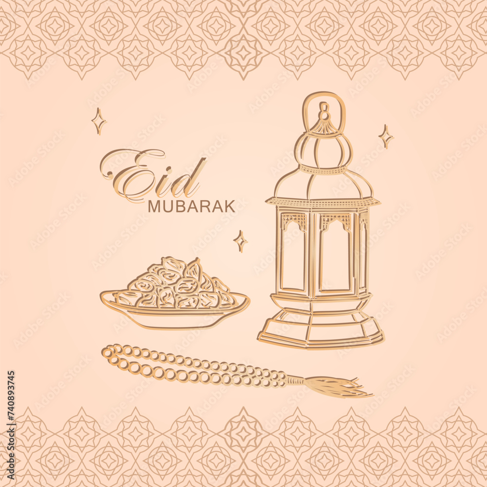 Ramadan kareem greeting card with hand drawn linear golden Arabic lantern, Muslim rosary praying beads and dates in a bowl as dish for Iftar on soft beige background. Eid Mubarak vector poster
