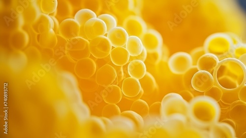 Yellow fat, like obesity cells, under the microscope, is a chemical process of atoms and molecules. Close-up photo