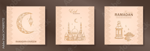 Set of beige Ramadan Kareem square greeting cards with hand drawn linear golden Mosque, crescent moon, Arabic lantern, dates, Muslim rosary praying beads. Template of Eid Mubarak outline banners