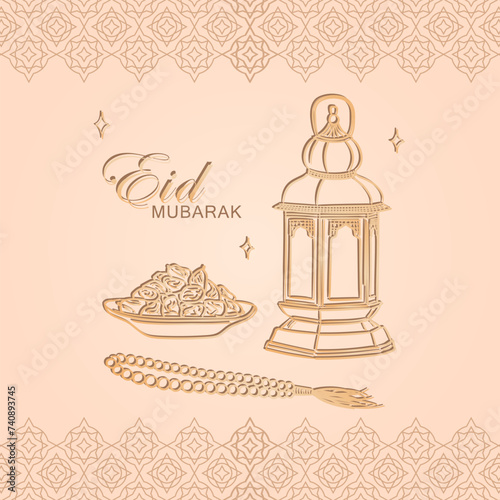 Ramadan kareem greeting card with hand drawn linear golden Arabic lantern, Muslim rosary praying beads and dates in a bowl as dish for Iftar on soft beige background. Eid Mubarak vector poster
