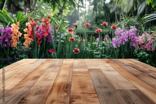 Tableau sur toile Empty wooden table over blooming gladioli garden background