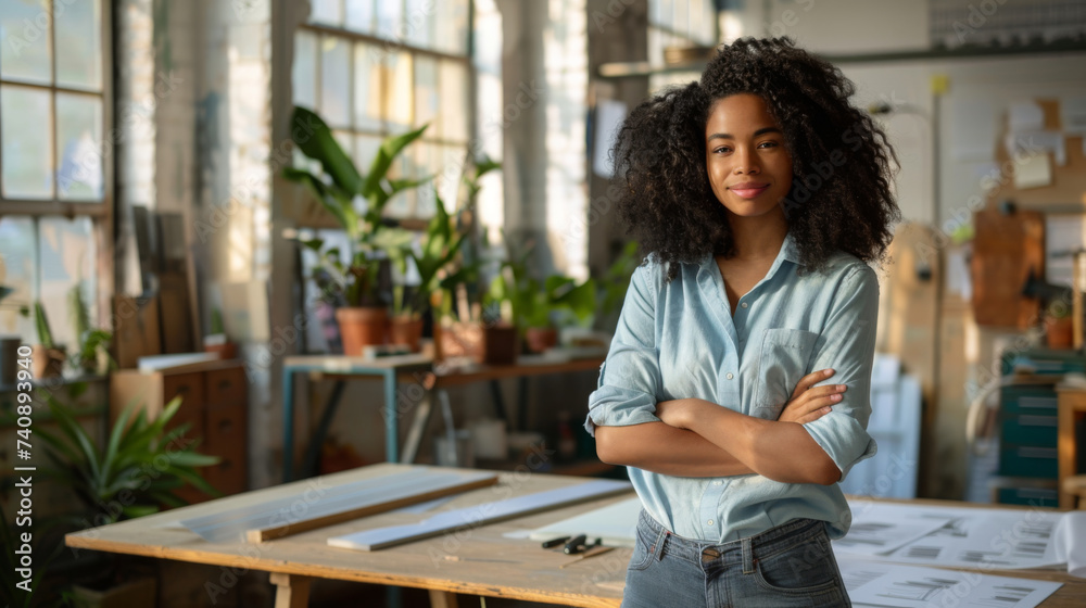confident African American woman with curly hair, smiling and standing with her arms crossed in a creative workspace with architectural drawings and plants in the background. confident African American woman with curly hair, smiling and standing with her arms crossed in a creative workspace with architectural drawings and plants in the background.