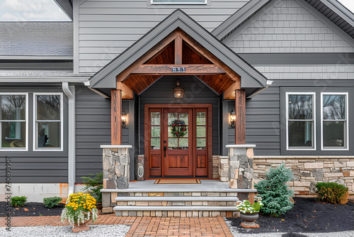 A grey modern farmhouse front door with a covered porch, wood front door with glass window, and grey vinyl and wood siding.
 photo