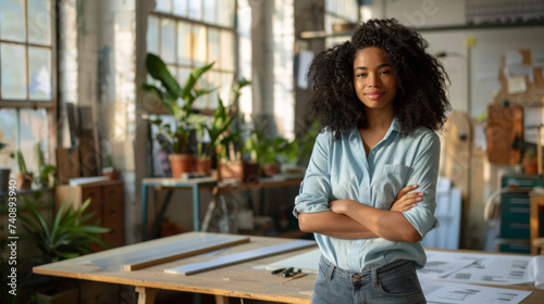 confident African American woman with curly hair, smiling and standing with her arms crossed in a creative workspace with architectural drawings and plants in the background.
