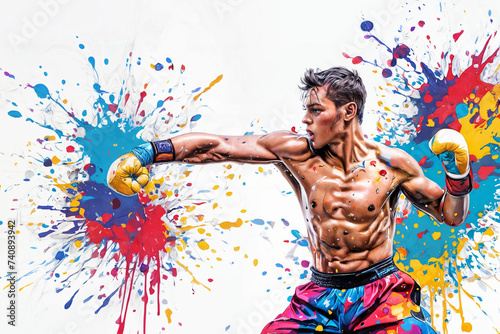 Boxer in action on a grunge background. Illustration of a boxer in action with colorful splash background. Portrait of an athletic male boxer with boxing gloves.  photo