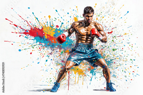 Boxer in action on a grunge background. Illustration of a boxer in action with colorful splash background. Portrait of an athletic male boxer with boxing gloves.  © vachom