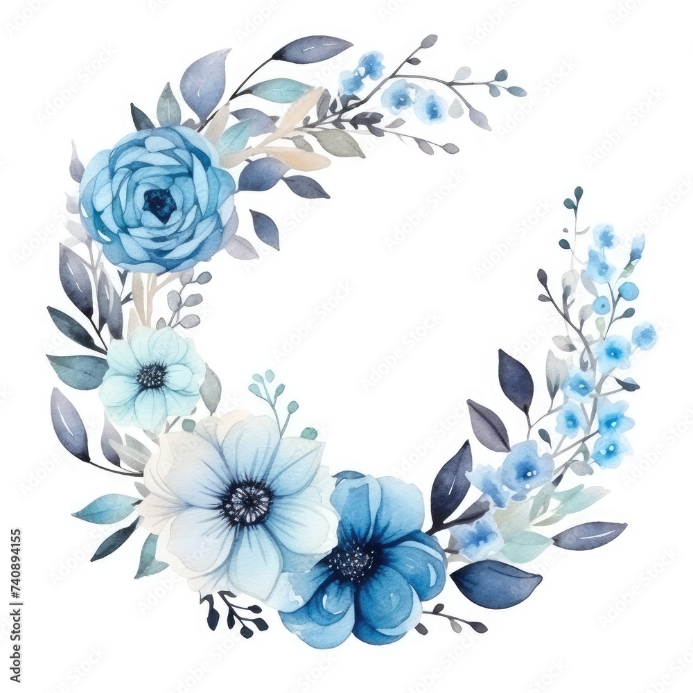 Fototapeta premium Elegant Blue Floral Wreath With Various Blooms and Foliage on White Background