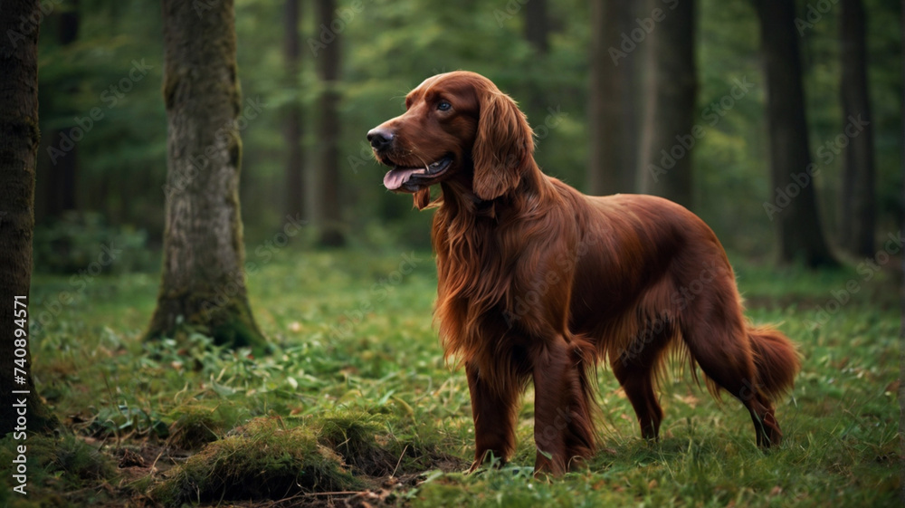 The Irish Setter dog poses with his whole body in nature The Irish Setter dog poses with his whole body in nature