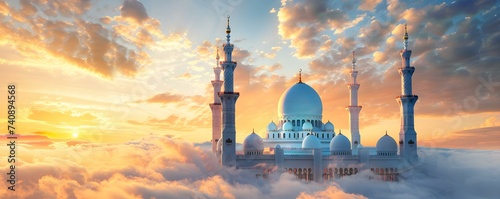 Breathtaking Mosque Scene with Clouds Ideal for Jummah Mubarak. Concept Mosque Architecture, Cloudscape, Jummah Mubarak, Religious Landscapes, Breathtaking Views