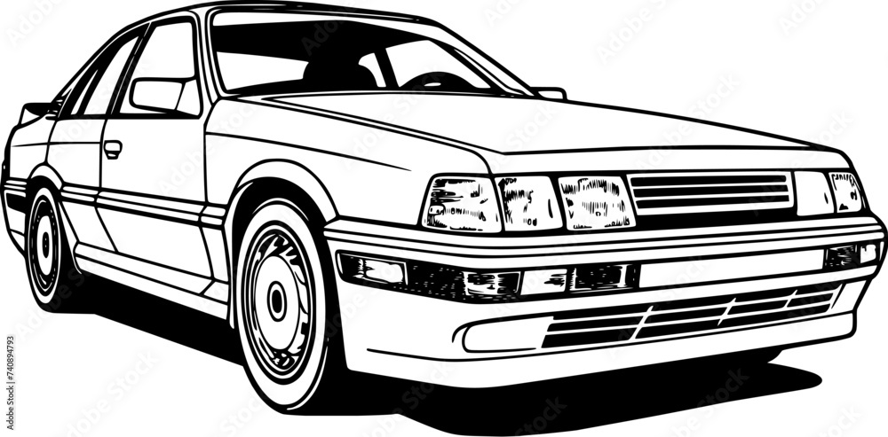 Abstract retro sports car in black and white ink drawing style, adult coloring book