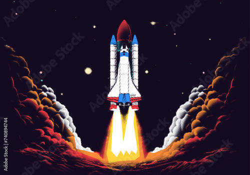 Rocket launch in DIY zine print style with halftone dots, and collage styled colors