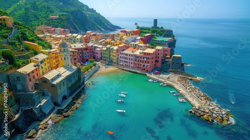 Aerial view of Vernazza and coastline of Cinque Terre,Italy.UNESCO Heritage Site.Picturesque colorful village on rock above sea. photo