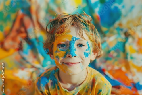 Creative child covered in paint Showcasing artistic expression and the joy of creativity in a vibrant setting